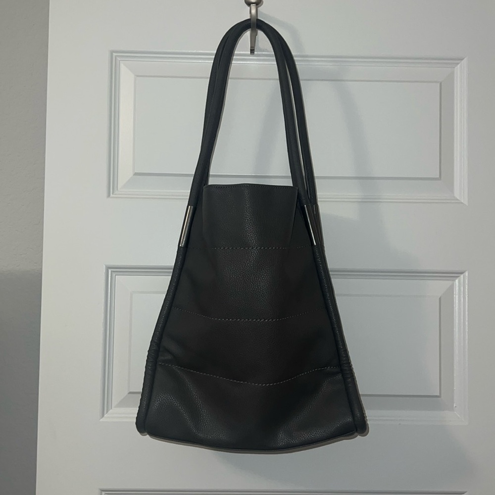 Neimen Marcus vegan leather shopper tote shoulder bag gray metal embellishment